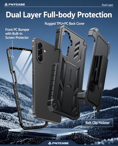 FNTCASE for Samsung Galaxy A17-5G Case: Military Grade Rugged Cell Phone Cover with Kickstand & Belt Clip Holster | Shockproof TPU Protection Bumper Matte Textured for Galaxy A17 Cases 6.7 inch -Black