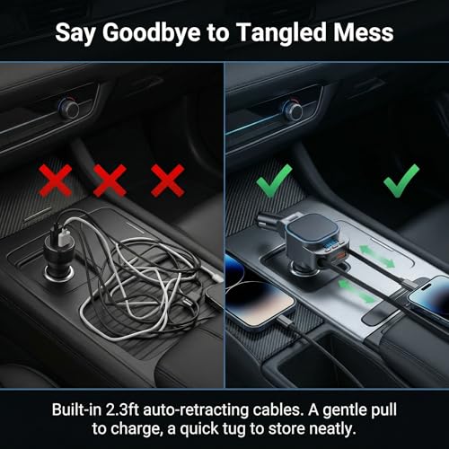 Bluetooth Car Adapter FM Transmitter, 96W Retractable Charger, 4-in-1 Bluetooth 5.3 USB C Aux Adapter for Music & Hands-Free Calls, Wireless Radio Receiver for iPhone 17 16 15 SUV Truck RV