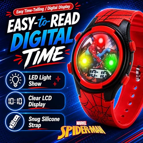 Marvel Spider-Man Kids Watches – Digital Display, Interactive Features, Adjustable Strap, Vibrant Spider-Man Graphics, Durable for Active Kids