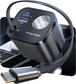 4 in 1 Retractable Car Charger, [60% Smaller] 145W USB C Cigarette Lighter Adapter, Socket Splitter with Retractable Cable&USB-C/A Port, 12V/24V Fast Charging Car Phone Charger for iPhone 17 Pro Max