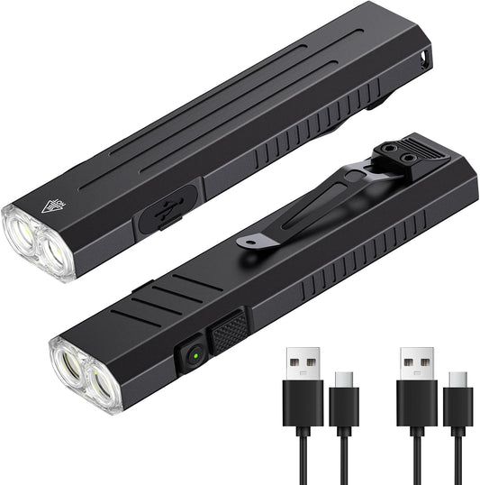 2pack Rechargeable EDC Flashlight - Emergency One Click Strobe Mode, 1600 High Lumens Portable Pocket light Mini Flashlight , Magnetic Small EDC Slim Flat Flashlight for Working Camping Repairing