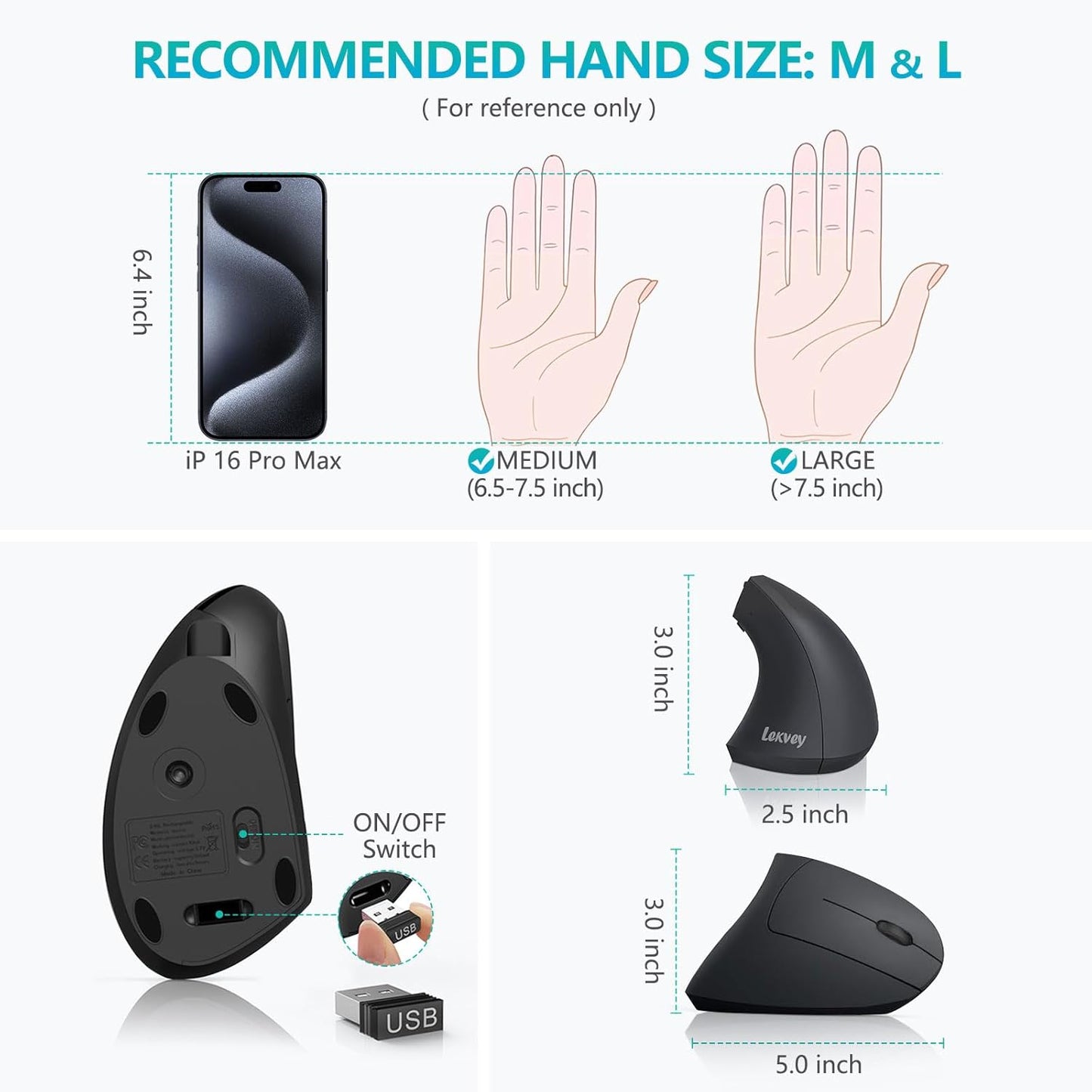 Ergonomic Mouse, LEKVEY Vertical Wireless Mouse - Rechargeable 2.4G Optical Vertical Mice : 3 Adjustable DPI 800/1200/1600 Levels 6 Buttons, for Laptop, Mac, PC, Computer, Desktop, Notebook etc, Black