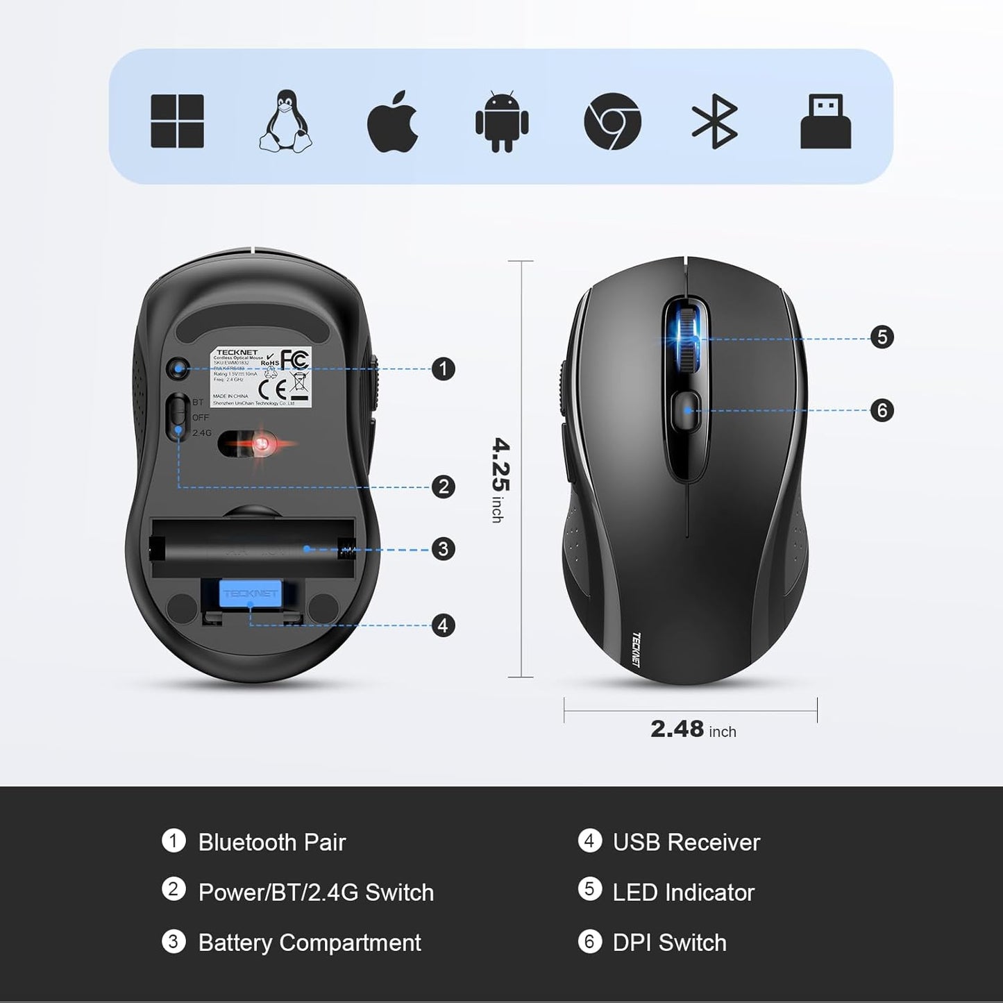 TECKNET Bluetooth Mouse, 4000DPI Wireless Mice for Laptop 2-in-1(BT 5.0/3.0+2.4Ghz) Computer Portable PC Mouse Wireless with USB Receiver for Mac (USB-A+Bluetooth, Black)
