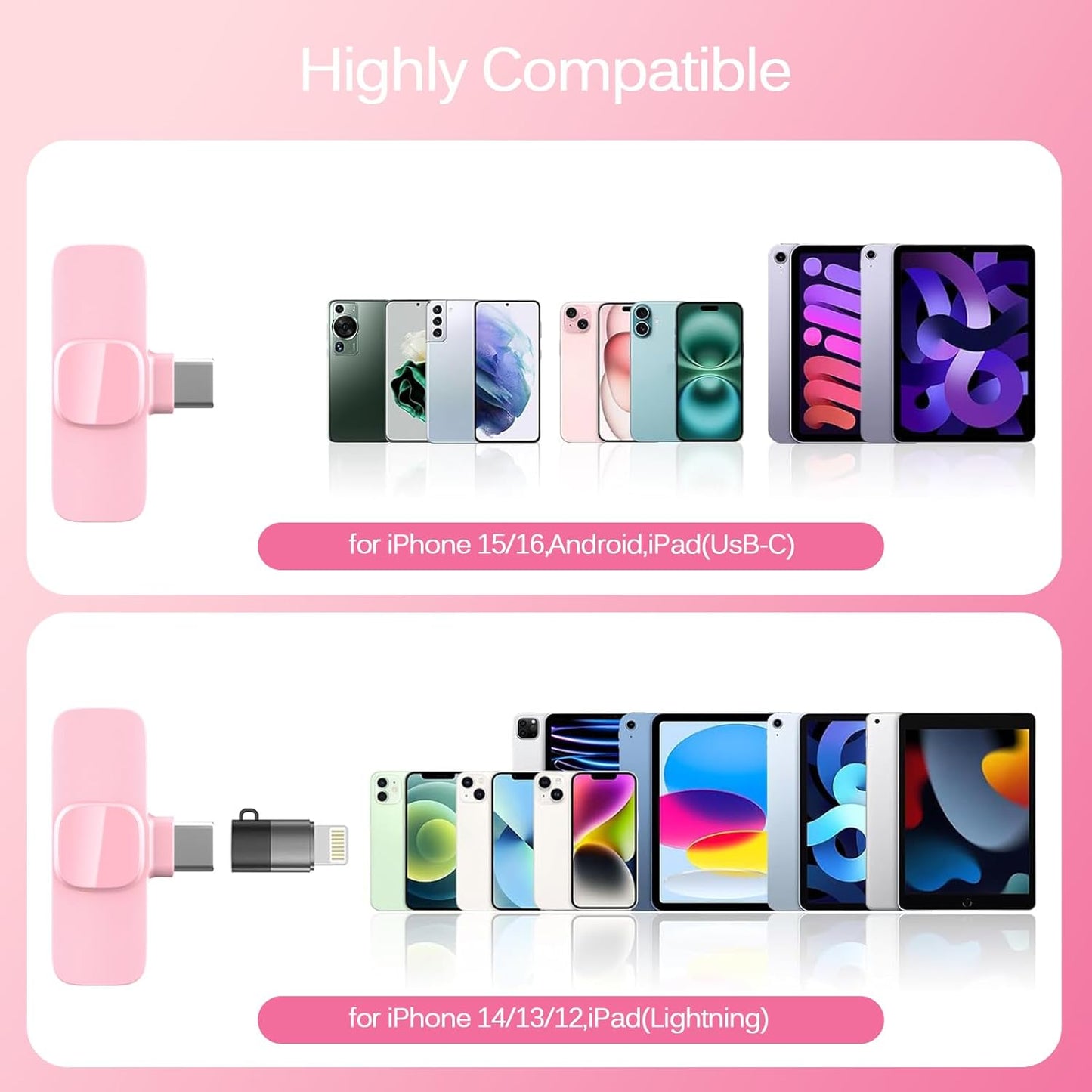 HONGJIEYUAN Pink Wireless Lavalier Microphone for iPhone & Android - Mini Clip-On Mic with Noise Cancellation, 65ft Range, 8H Battery, USB-C/Lightning - for TikTok, YouTube, Podcast, Live Streaming