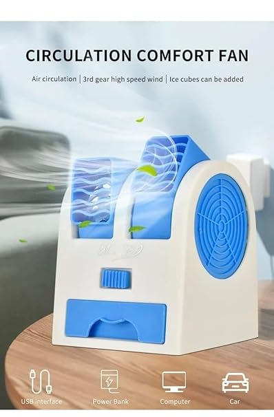 Mini Cooler AC USB and Battery Operated Air Mini Water Air Cooler Cooling Fan Duel Blower with Ice Chambe Perfect for Temple,Home,Kitchen USE, Study Many (MULTI COLOR)