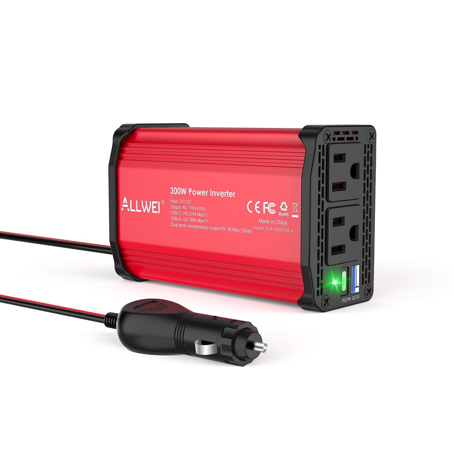 ALLWEI 300W Power Inverter 12V DC to 110V AC Car Inverter with 27W PD USB-C &18W USB-A Fast Charging, Car Charger Cigarette Lighter Adapter for Phone, Laptop and Small Devices on Road Trip-Red