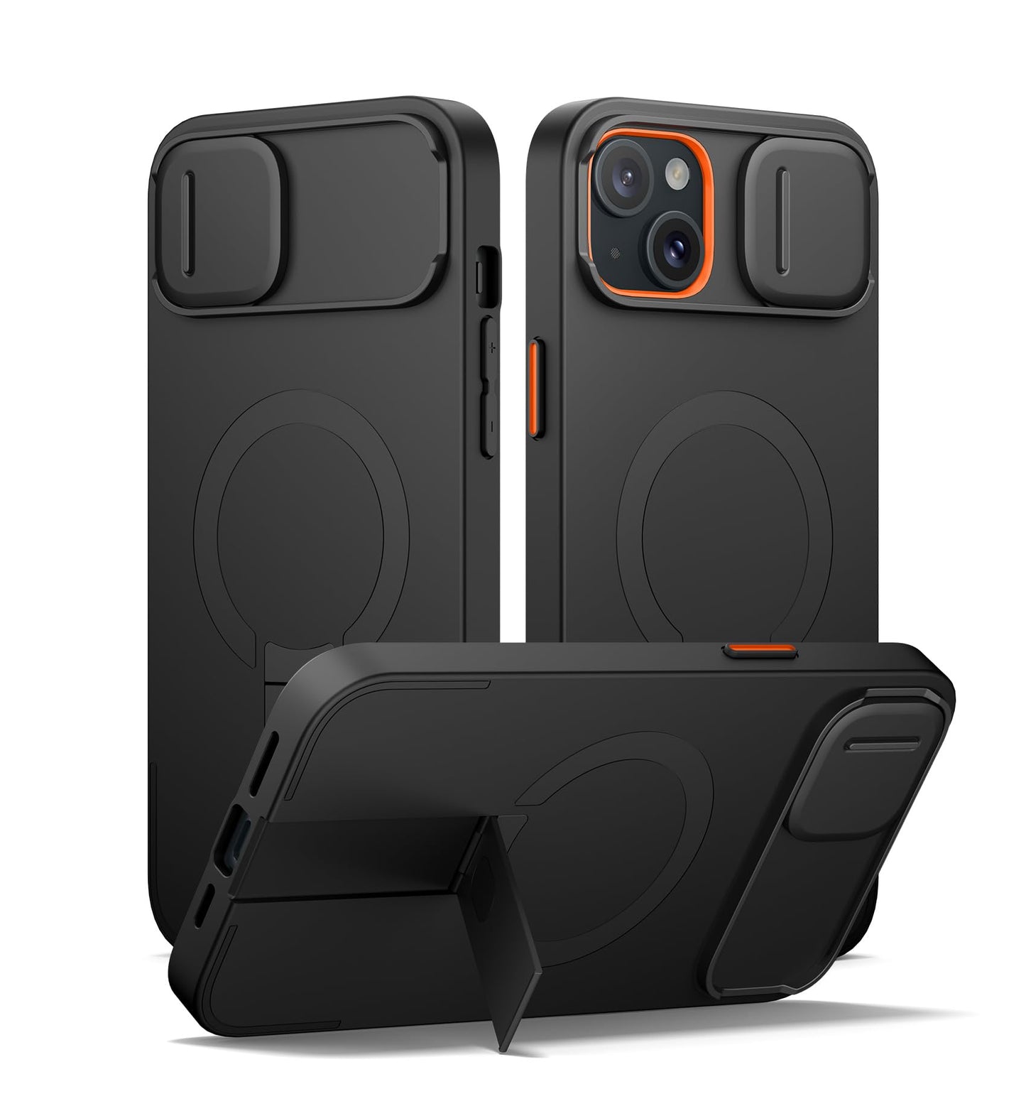 SURITCH for iPhone 14 Plus/15 Plus Case with Magnetic Camera Slide Cover and Adjustable Kickstand, Compatible with MagSafe, Shockproof Bumper Case Slim Protective Cover 6.7 Inch, Black