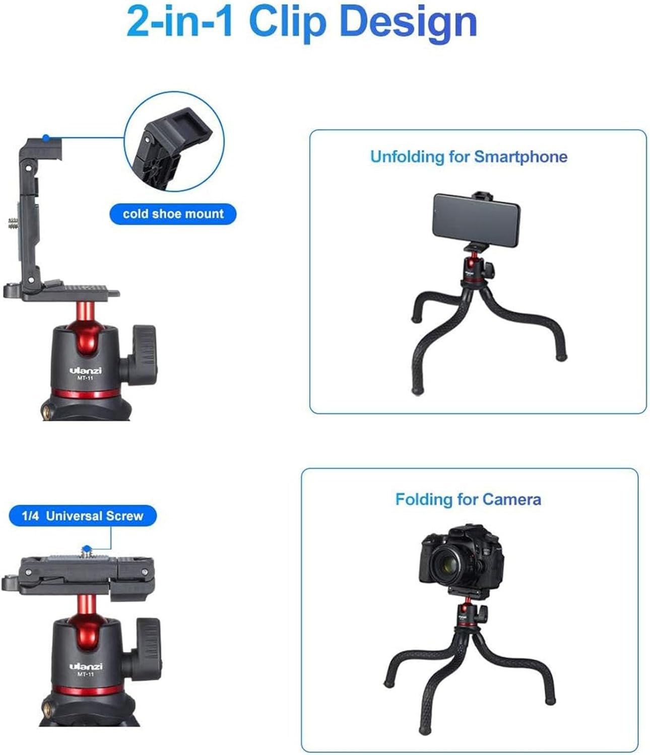 ULANZI Camera Tripod, Mini Flexible Stand w Hidden Phone Holder w Cold Shoe Mount, 1/4'' Screw f Magic Arm, Universal f iPhone 17 16 15 14 Pro Max XS Max X Samsung Canon Nikon Sony DJ Pocket 3 Cameras