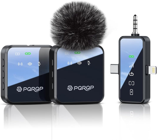 PQRQP 3 in 1 Microphone for iPhone/Android/Camera, Wireless Microphones, 328ft Transmission, 18H Battery Life, Mini Microphone for Record Interview, Vlogs, Tiktok, Bags & Cases