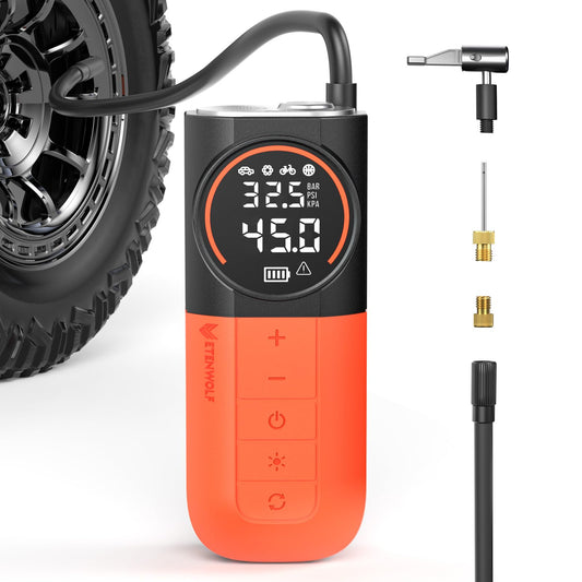 ETENWOLF S1 Tire Inflator Portable Air Compressor, 160PSI Air Pump for Car Tires, Bike, Motorcycle, Balls, Fast Inflation Tire Pump, Cordless bike Pump with LED Light & Digital Pressure Gauge (Orange)
