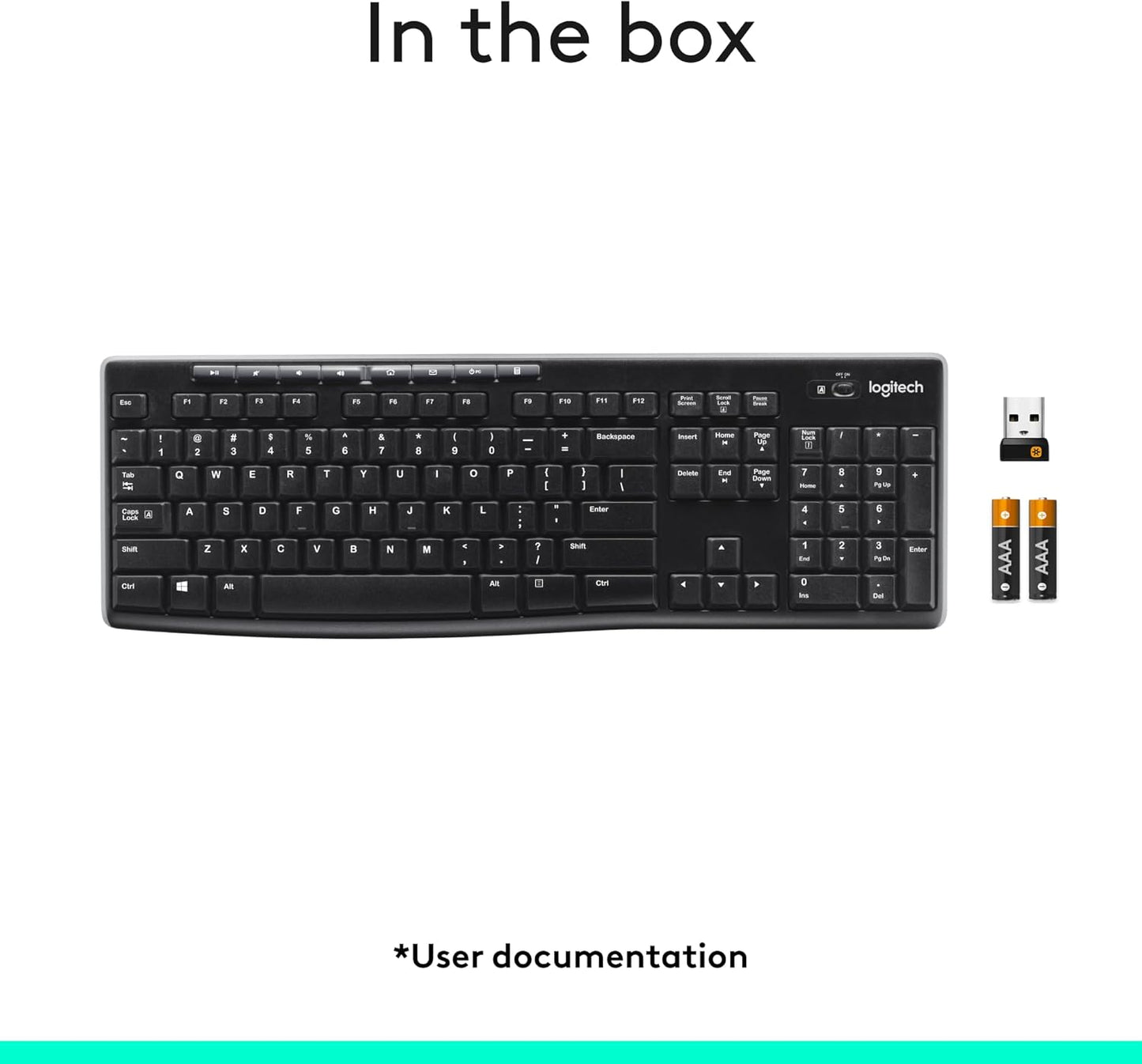 Logitech K270 Wireless Keyboard for Windows, 2.4 GHz Wireless, Full-Size, Number Pad, 8 Multimedia Keys, 2-Year Battery Life, Compatible with PC, Laptop, Black