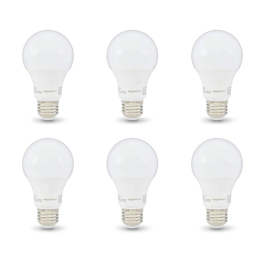 Basics Non-Dimmable LED Light Bulbs, Great Brightness, 40W Equivalent, 6W, E26 Standard Base, 2700K, 10,000 Hour Lifetime, Soft White A19, 6-Pack