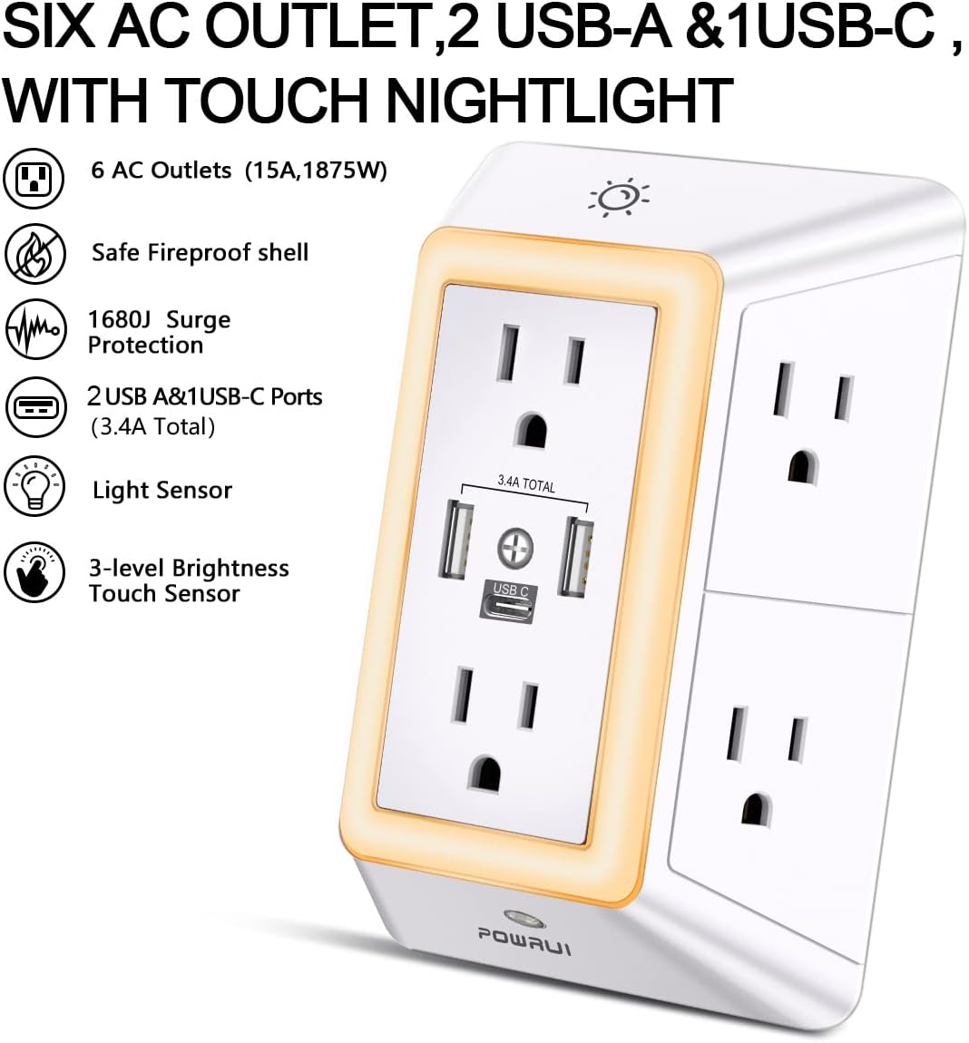 POWRUI Multi Plug 6 Outlet Surge Protector Extender with 3 USB Ports ...