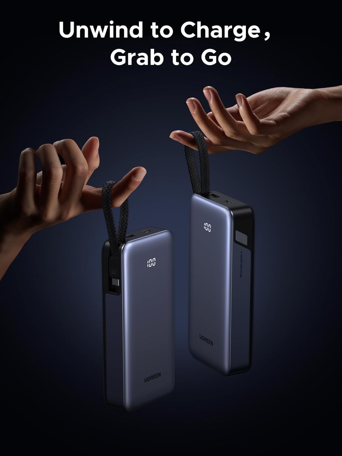 UGREEN Nexode Power Bank 20000mAh 45W with Built-in Cable, Fast Charging Portable Charger for iPhone 17 Pro/Samsung S25 Ultra/iPad Pro, 3-Port External Battery Pack with Digital Display, Travel Ready