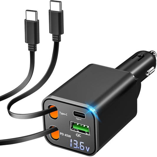 Retractable Car Charger, 120W USB-C Fast Charge Phone Charger for Car, 4-in-1 Dual Type-C Cables & USB-A QC Port, Car Charger for iPhone 17/16/15/14/13 Samsung Travel Essentials Gifts for Women & Men
