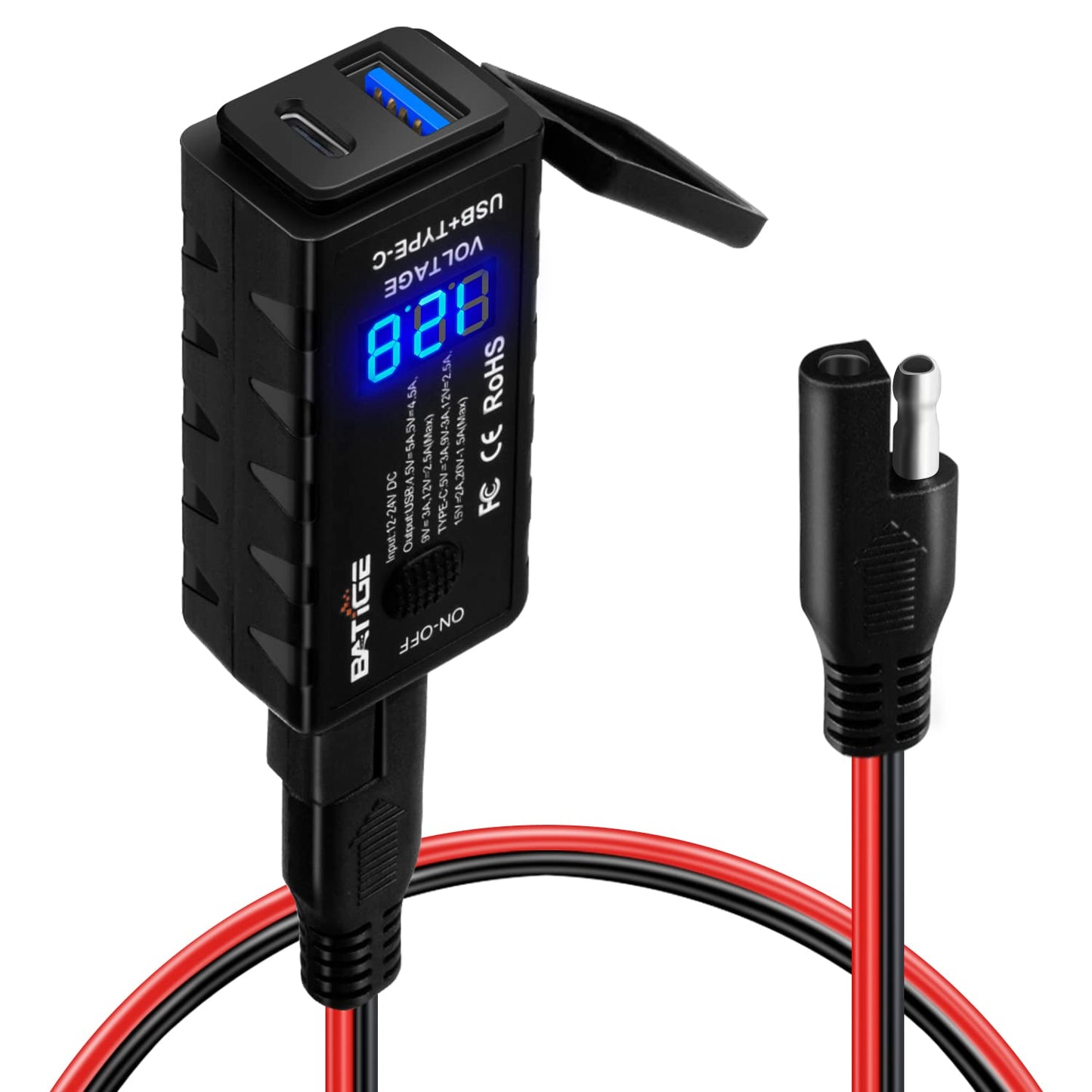 Motorcycle USB Charger SAE to USB Adapter Type C and Quick Charge USB 3.0 with Voltmeter, ON/Off Switch and 3.6FT SAE Extension Cable Waterproof 3 Install Options for GPS Smartphone Camera
