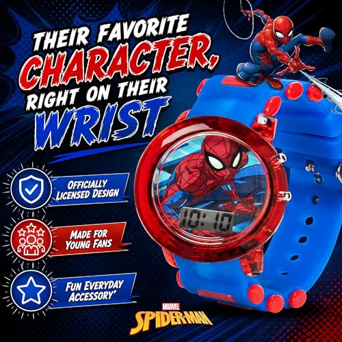 Marvel Spider-Man Kids' LCD Watch – Flashing LED Bullet Band, Digital Time Display, Red & Blue Design, Durable Plastic Case, Adjustable Silicone Strap – Fits Wrists 5.5" to 8"