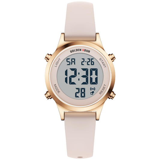 GOLDEN HOUR Waterproof Women's Digital Sports Watches with Silicone Strap, Alarm Calendar Stopwatch Chronograph 32mm Rose Gold Case