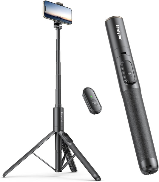 Sensyne 60" Phone Tripod - Selfie Stick, Lightweight All in One Phone Tripod Integrated with Wireless Remote Compatible with All Cell Phones for Selfie/Video Recording/Photo/Live Stream/Vlog（Black）