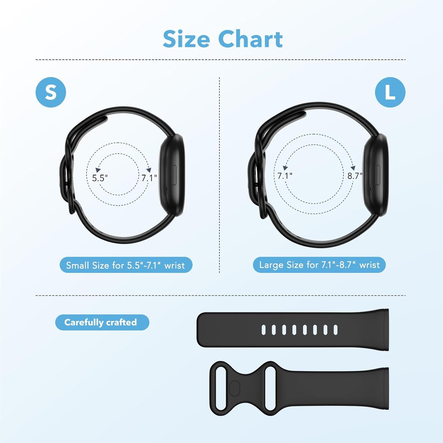 2 Pack Waterproof Bands Compatible with Fitbit Versa 3 / Fitbit Versa 4 / Fitbit Sense/Sense 2 Bands, Classic Soft Sports Replacement Wristbands for Women Men (Large 7.1''-8.7'', black/black)