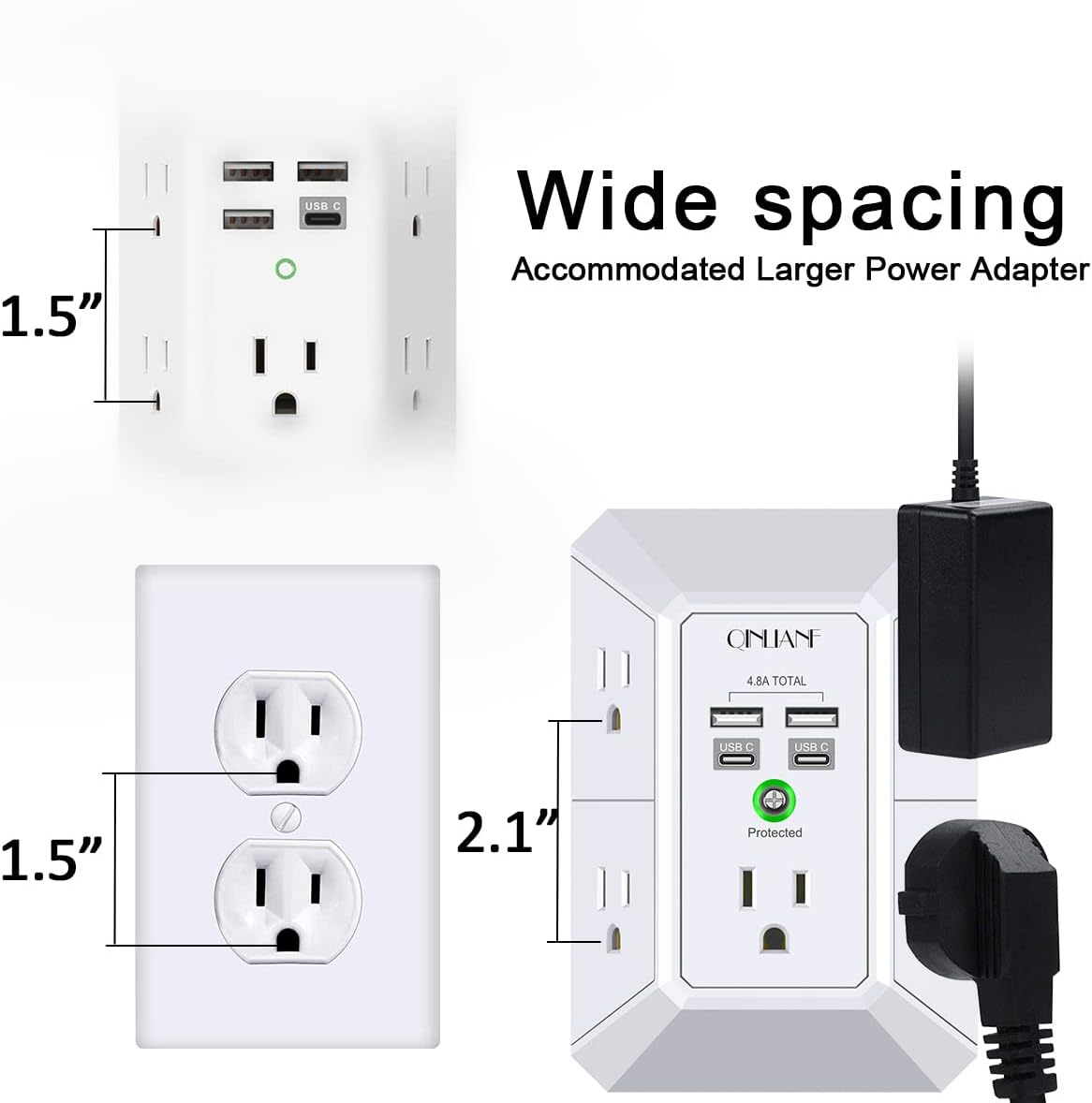 USB Wall Charger, Surge Protector, QINLIANF 5 Outlet Extender with 4 USB Charging Ports (4.8A Total) 3-Sided 1680J Power Strip Multi Plug Outlets Wall Adapter Spaced for Home Travel Office(2U2C),White