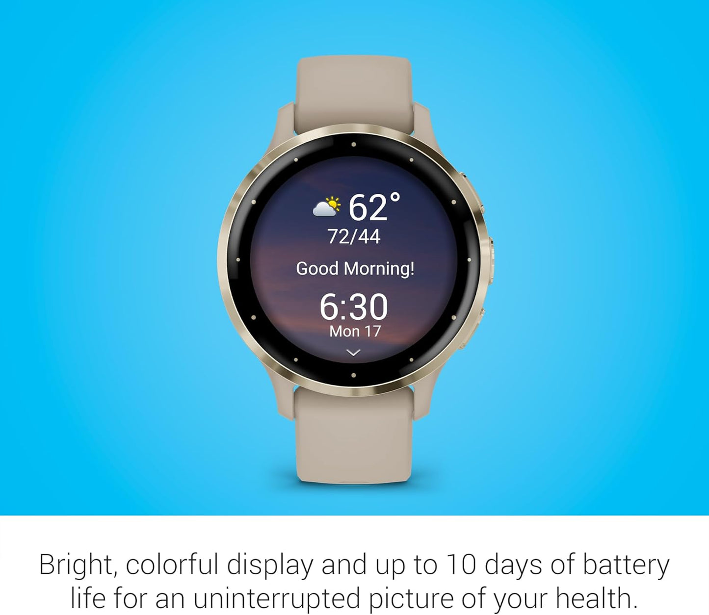 Garmin Venu 3S Soft Gold Stainless Steel Bezel 1.2-Inch AMOLED Touchscreen Display Smart Watch, Phone Supported with 41mm French Gray Case and Silicone Band
