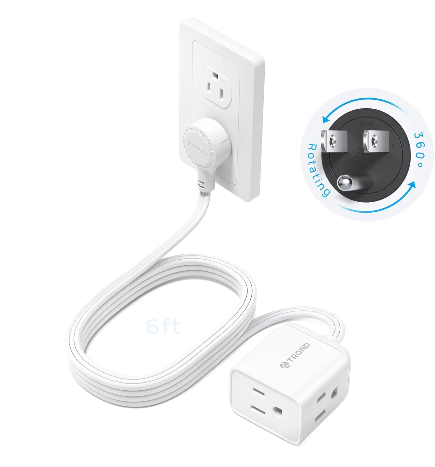 TROND Flat Extension Cord 6ft with 360° Rotating Plug, Low Profile Small Power Strip, 3 Prong Grounded Outlets Cube, 13A, SPT 16/3 Gauge Cable, for Indoor Home Office Cruise Travel Essentials, White