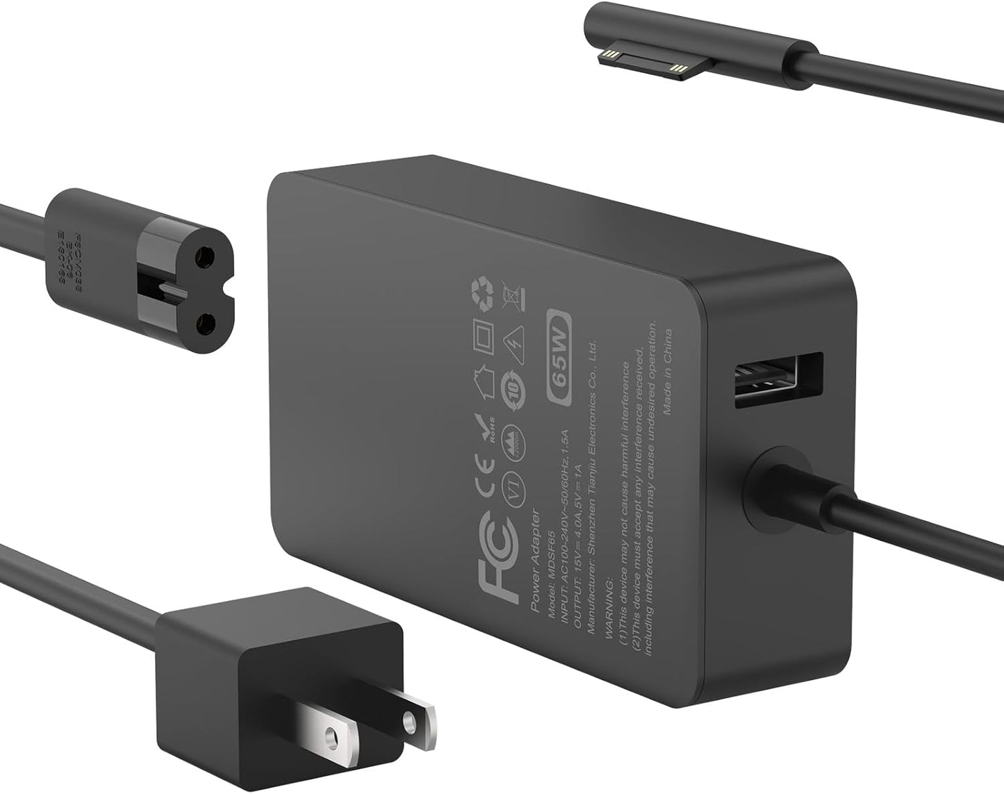 65W Charger Compatible with Microsoft Surface Pro 11, 10, 9, 8, 7+, 7, 6, 5, 4, 3, X, Power Adapter for Windows Surface Laptop 7/6/5/4/3/2/1, Go Tablet, Book 3/2/1, Support 44W, 36W, LED, 10FT
