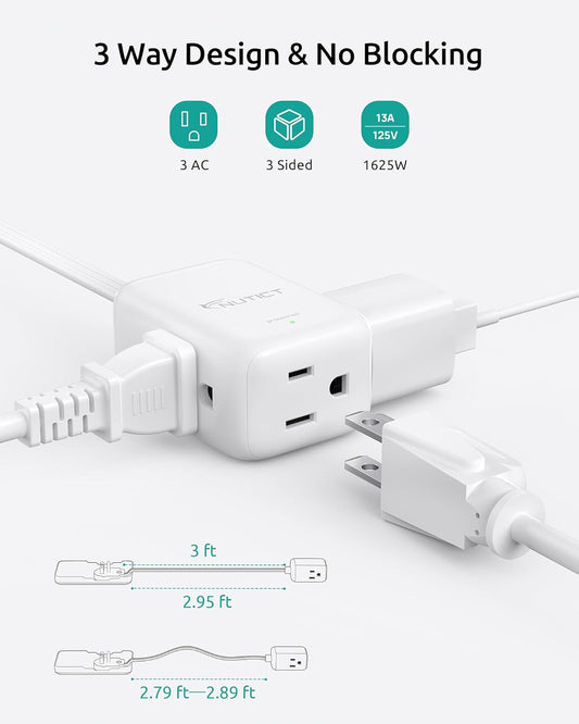 Flat Extension Cord with 3 Outlets, 3FT Short Extension Cord Flat Wall Plug & Ultra-Thin Outlet Cover, 900J Surge Protection, 13A/1625W, ETL Listed, White Outlet Extender for Kitchen Bathroom