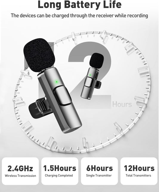 PoP voice USB C Mini Microphone for iPhone 16/15/14/Android, Wireless Lavalier Microphone with Noise Reduction, Lapel Lav Mic for Vlog YouTube TikTok Recording, 12H, 65ft