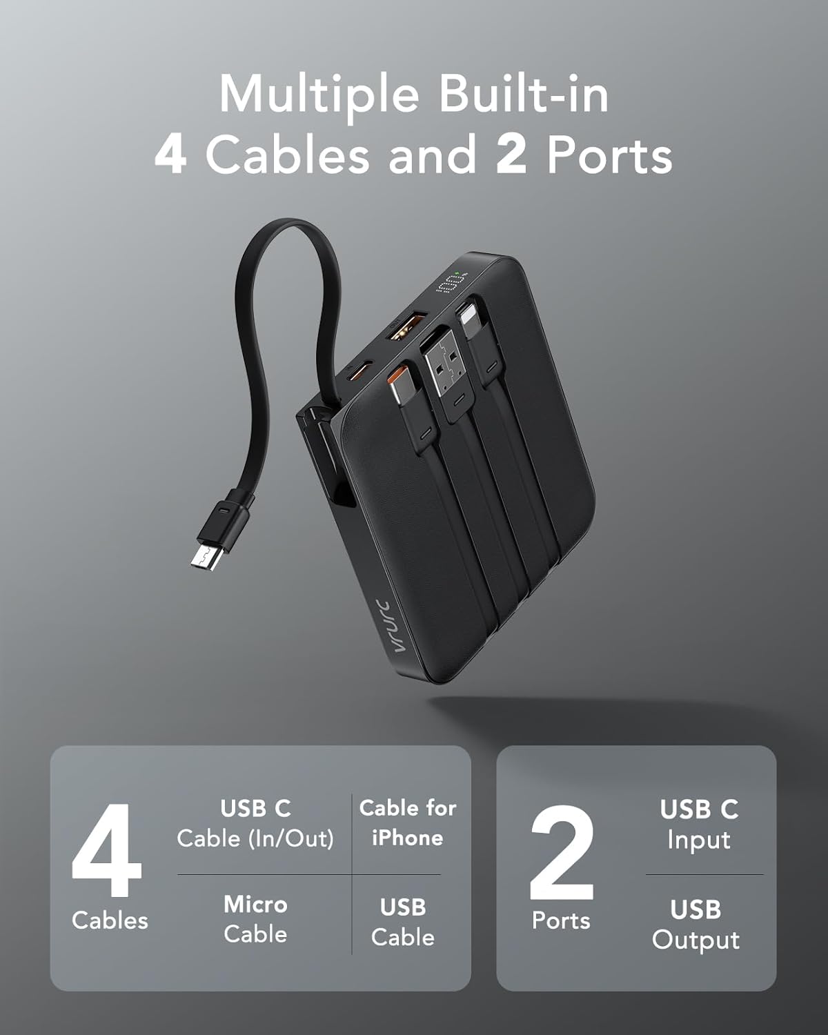 VRURC Portable Charger with Built-in Cable, 10000mAh 22.5W Fast Charging USB C Battery Pack, Cell Phone Power Bank for iPhone 17 16 15 Samsung Galaxy S25 S24 S23 Series Android Tablet, Black(1 Pack)