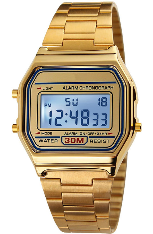 PASOY Men's Digital Gold Stainless Steel Watch Backlit Multifunction Stopwatch Waterproof Sport Watches