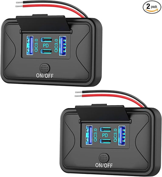 2 Pack 78W 4 Port 12V USB Outlet Wall Mount, Dual 36W PD & Dual 18W QC3.0 Lightweight Surface Mount Charger Socket Panel with Button Switch for Bus RV Truck Marine Golf Cart