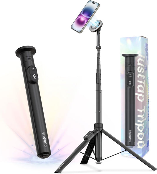 KraftGeek Magnetic Phone Tripod for iPhone MagSafe – 66'' Automatic Selfie Stick with Remote, Portable Tripod Stand for Video Recording, Travel, Vlogging (Black)