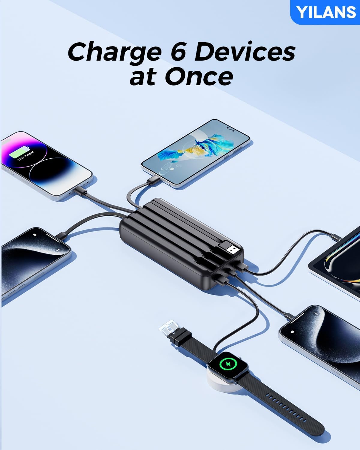 Portable Charger,50000mAh Power Bank Built-in Cable, 22.5W PD USB C In & Out Fast Charging, External Battery Pack with 6 Output & 2 Input, Travel Phone Charger for iPhone 17/16/15/14/13/12(Black)
