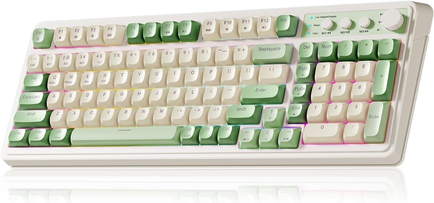 AULA S99 Gaming Keyboard, Wireless Computer Keyboards, Tri-Mode Bluetooth/2.4GHz/USB-C Custom Creamy Keyboard with Number Pad, RGB Backlit Media Knob Cute Programmable Keyboard for PC Gamer - Green