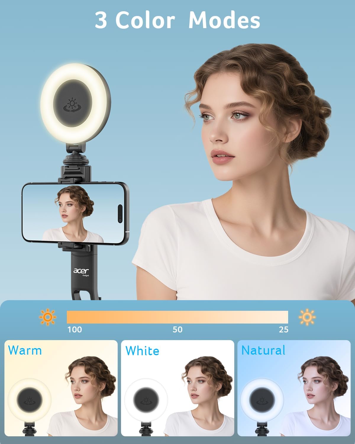 acer Auto Face Tracking Tripod for iPhone/Cell Phone/Android/Camera with Light and Remote, 64", No App, 360°Rotating Tripod Selfie Stick for Tiktok YouTube Vlog Live Streaming Video Recording
