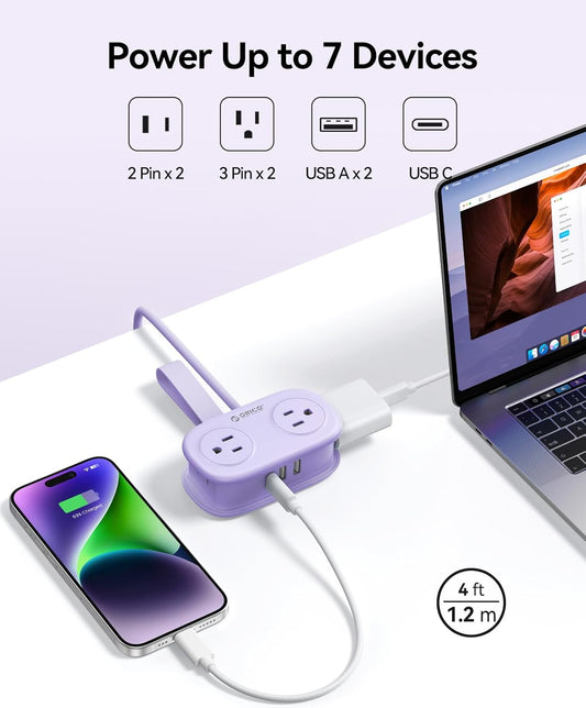 ORICO 4FT Purple Travel Power Strip with 4 AC Outlets, 2 USB-A Ports, and 1 USB-C Port, 45° Flat Plug Extension Cord with Non Surge Protector for Travel/Home/Dorm/Office-AP3