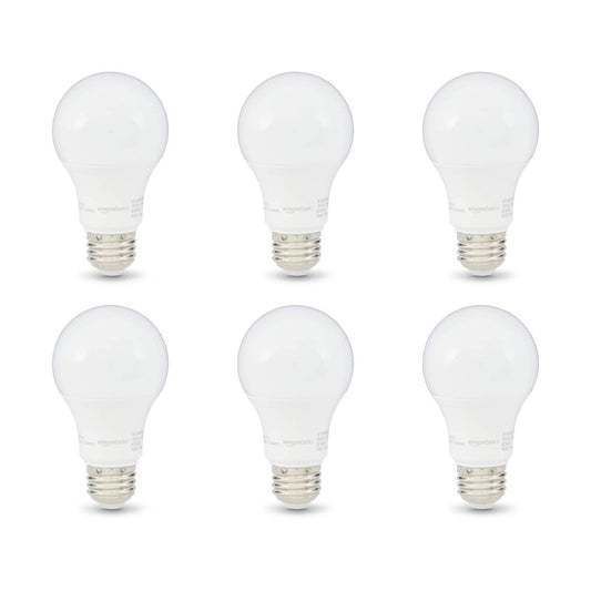 Basics A19 LED Light Bulbs, 60 Watt Equivalent, Energy Efficient 9W, E26 Standard Base, Soft White 2700K, Dimmable, 10,000 Hour Lifetime , 6-Pack