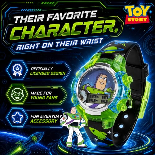 Disney Pixar Toy Story 4 Buzz Lightyear Kids Flashing LCD Watch with Colorful Light-Up Dial, Durable Case, Space-Themed Strap – Perfect for Ages 4+ Boys and Girls – Fits Wrists 5.5" to 8"