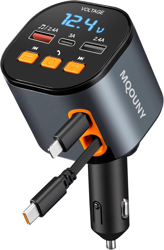 Retractable Car Charger,5 in 1 Fast Cars Phone Charger 90W,Bluetooth 5.3 FM Transmitter Adapter,Handsfree Call,2 Retractable Cables and USB Chargers for iPhone17/16 15/14/13