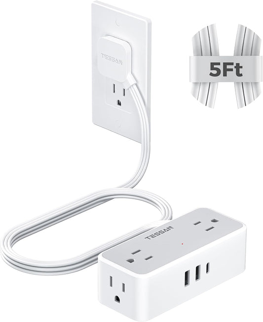 TESSAN Flat Plug Extension Cord 5 FT, Surge Protector Power Strip with 4 AC Outlets 1 USB C and 2 USB A Ports, 900 Joules Protection, 1250W, Multiple Wall Outlet Extender Suitable for Home Office Dorm