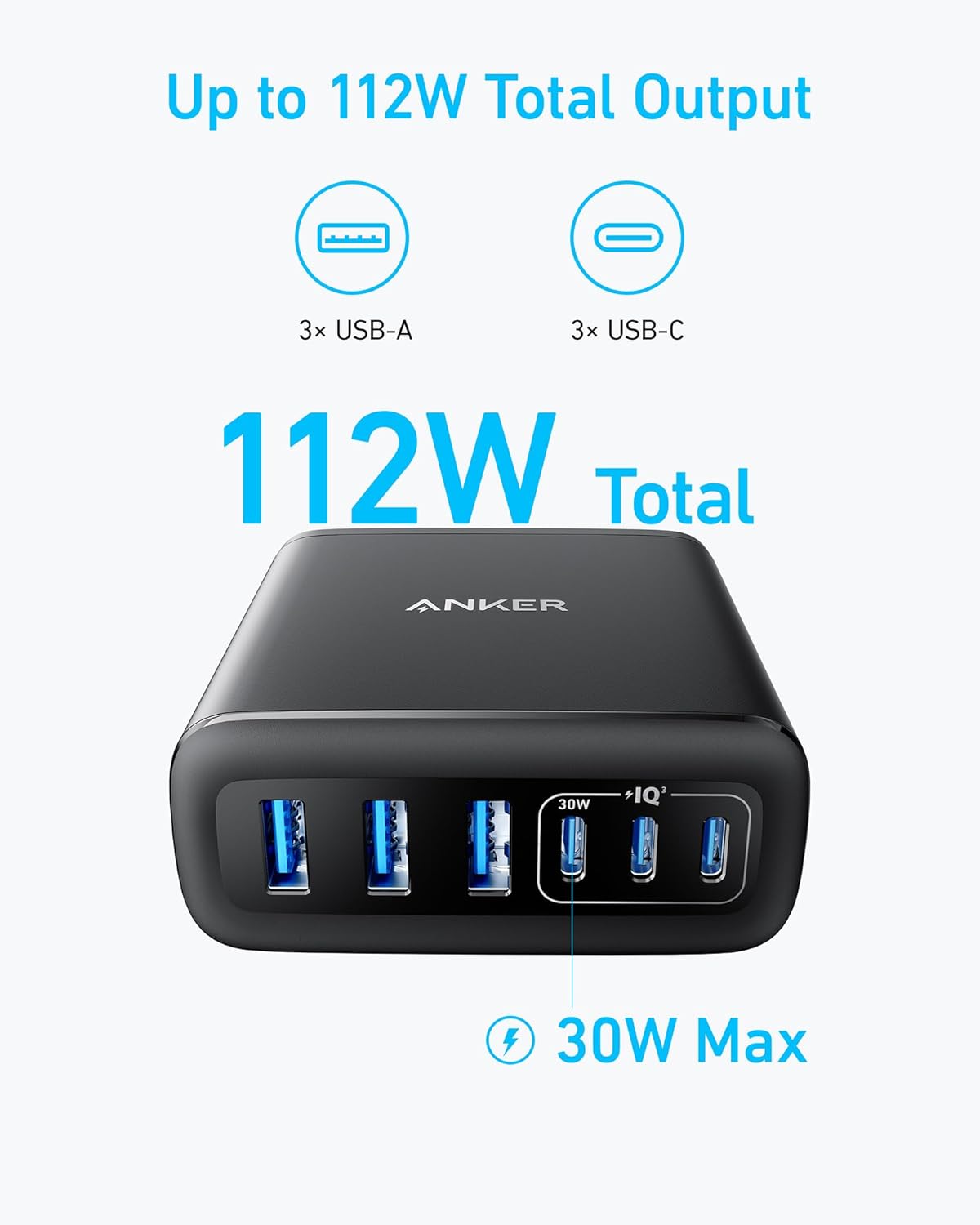 Anker Desktop Charger, Fast Charging USB C Charger, 112W Max 6-Port Charging Station, for iPhone 17, iPad, MacBook, Samsung and More (Cable Not Included)