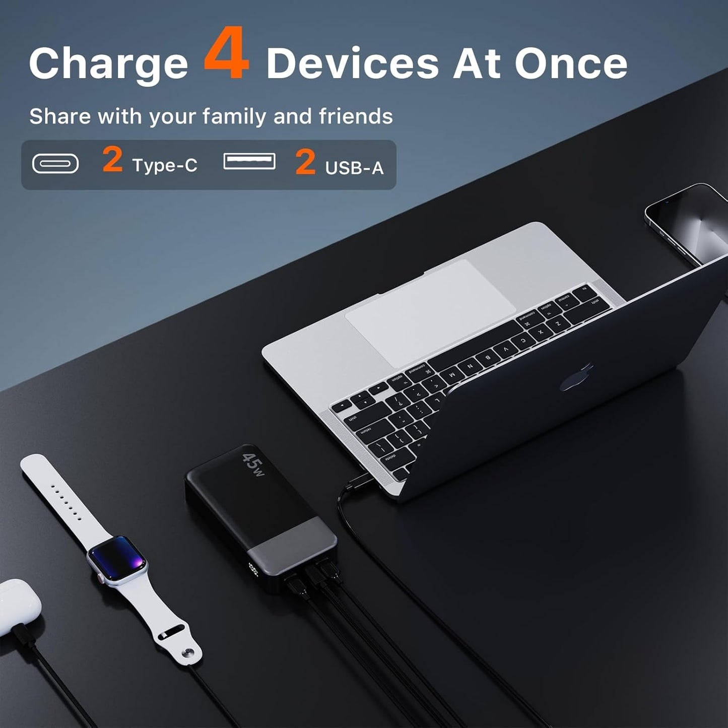 J2621 Power Bank Portable Charger 20000mAh 45W, PD3.0 QC 4.0 Fast Charging Battery Pack with LED Display,2 USB-C,2 USB-A for iPhone 15 16, MacBook