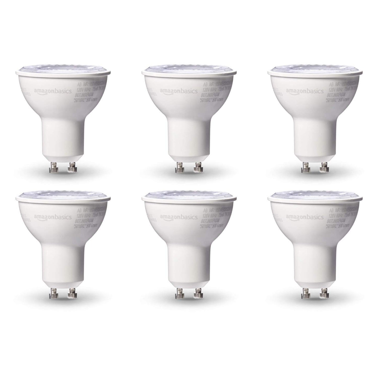 Basics MR16 LED Light Bulb, 50W Equivalent, Energy Efficient 7W, GU10 Base, Warm White 3000K, Dimmable, 10,000 Hour Lifetime, 6-Pack