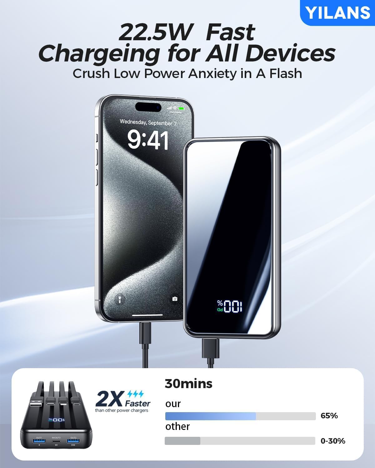 Portable Charger,50000mAh Power Bank Built-in Cable, 22.5W PD USB C In & Out Fast Charging, External Battery Pack with 6 Output & 2 Input, Travel Phone Charger for iPhone 17/16/15/14/13/12(Black)