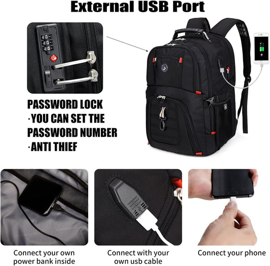 SHRRADOO Extra Large 50L Travel Laptop Backpack with USB Charging Port, College High School Backpack Airline Approved Business Work Bag Fits 17 Inch Computer for Men Women