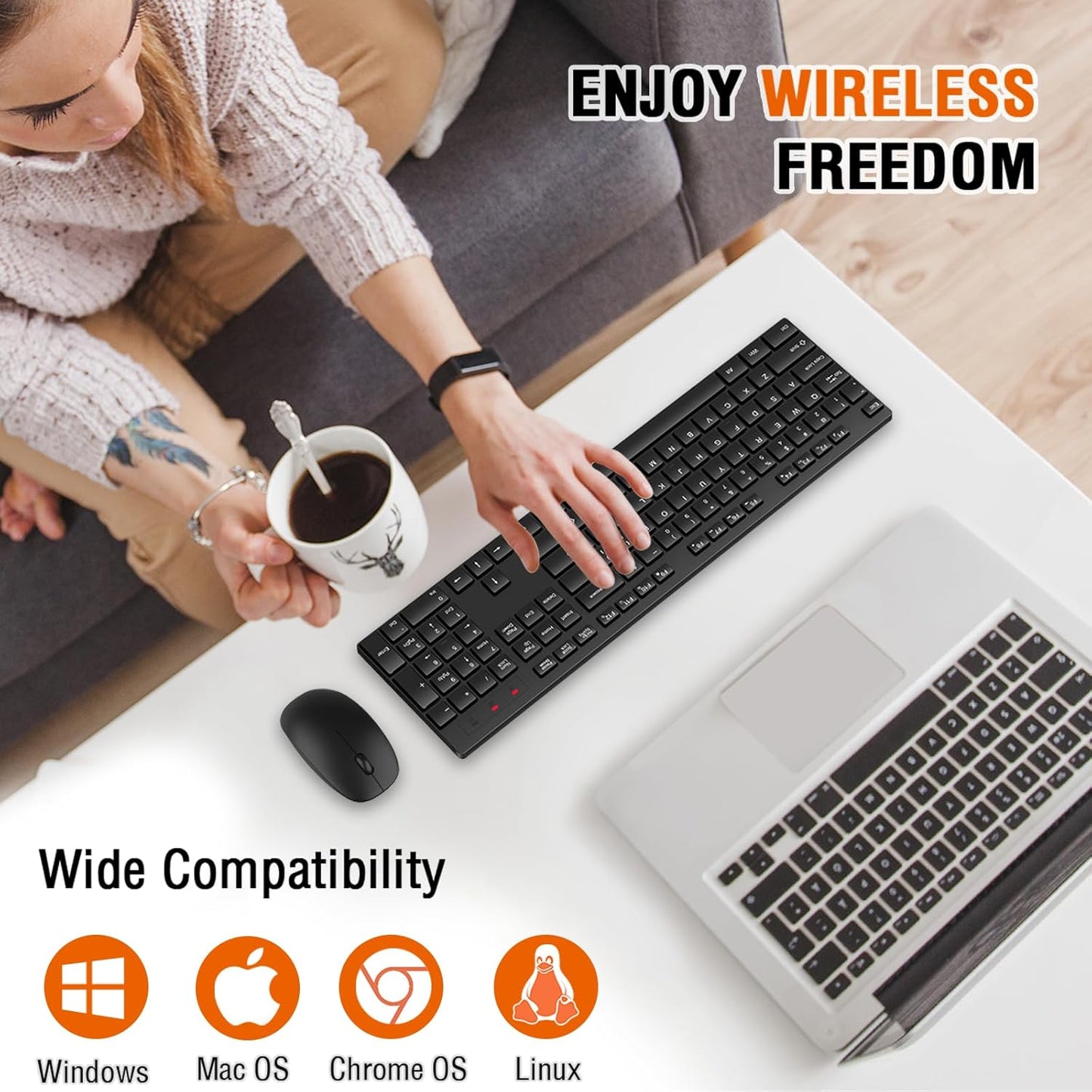 Wireless Keyboard and Mouse Combo, EDJO Silent Full Size Cordless USB Keyboard Mouse, 2.4GHz Lag-Free, Long Battery Life, for Computer, Laptop, PC, Chromebook, Windows (Black, 1 Pack)
