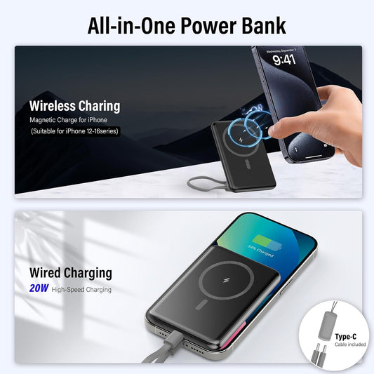 for Magsafe Portable Charger, Magnetic Power Bank 0.3" Ultra Slim 5000mAh Wireless powerbank with Type-C Cable 20W PD Fast Charging Battery Pack, Phone Charger for iPhone 17/16/15/14 all Series black