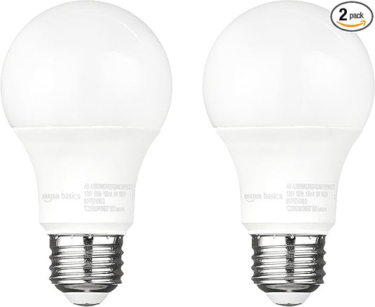 Basics A19 Dusk to Dawn Sensor LED Outdoor Light Bulb, 60W Equivalent, Energy-Efficient 9W, Daylight 5000K, E26 Base, 10,000 Hours, 2 Count (Pack of 1)